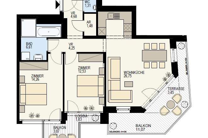 3 ZIMMER WOHNUNG MIT RIESENBALKON, Wohnung-kauf, 829.000,€, 1030 Wien 3., Landstraße