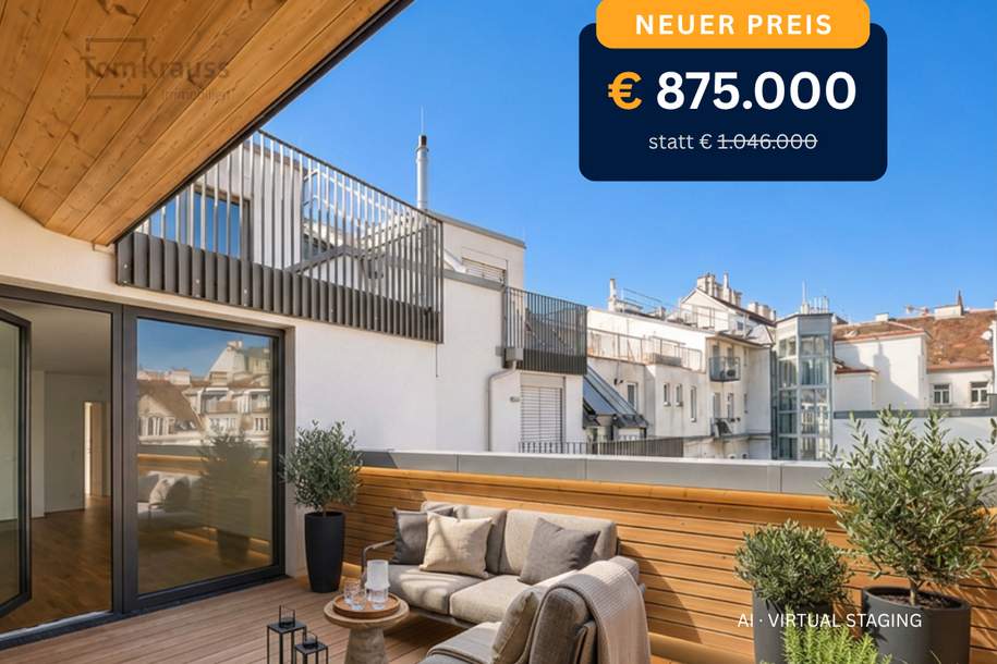 LICHT. FREIRAUM. ABENDSONNE – GROSSZÜGIGE 3-ZIMMER-DACHGESCHOSSWOHNUNG MIT TERRASSEN, Wohnung-kauf, 875.000,€, 1060 Wien 6., Mariahilf