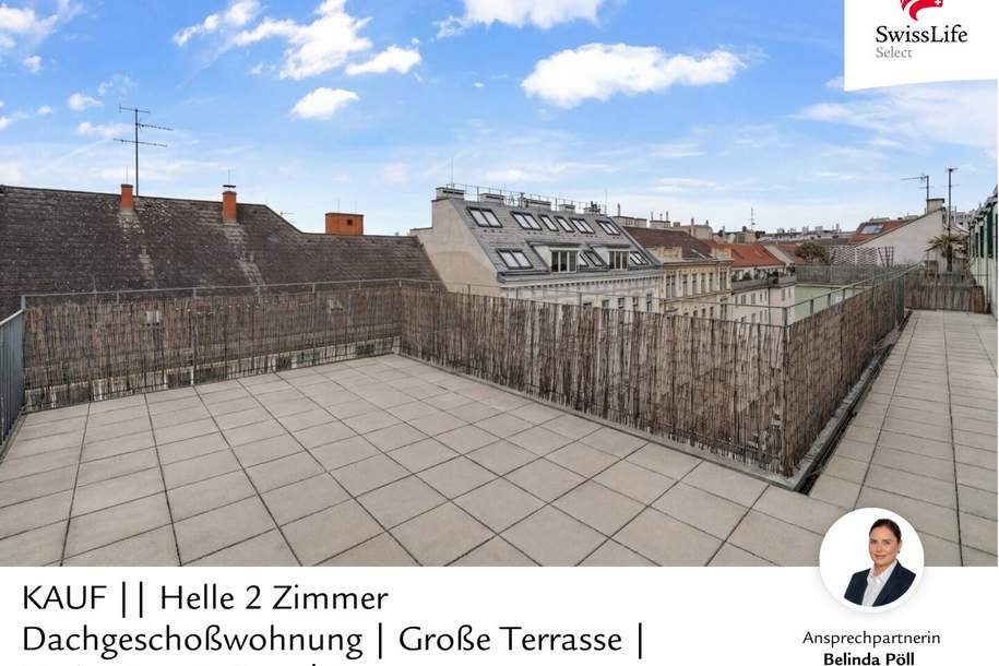 Helle 2 Zimmer Dachgeschoßwohnung | Große Terrasse | Hofseitiger Balkon | Sauna, Wohnung-kauf, 565.000,€, 1080 Wien 8., Josefstadt