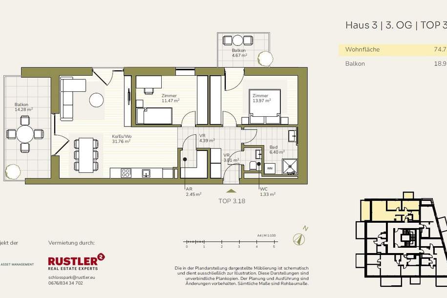 Wohnen mit Ausblick: Traumhafte Balkone im Projekt Schlosspark | Großzügige 3-Zimmerwohnung, Wohnung-miete, 1.100,00,€, 8054 Graz(Stadt)