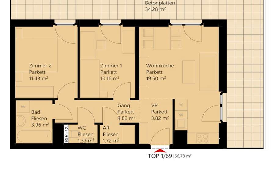3-Zimmer-Dachterrassenwohnung inkl hochwertiger Markenküche, Außenfläche und Kellerabteil / K3-69, Wohnung-miete, 1.125,00,€, 1220 Wien 22., Donaustadt