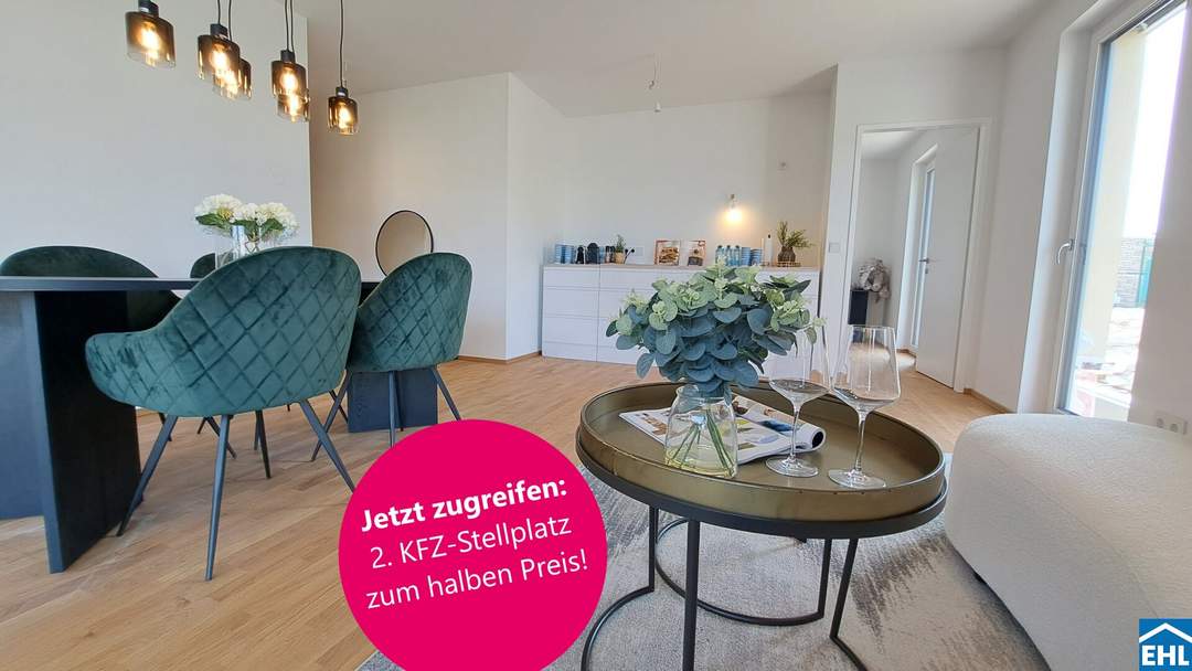 Erwerben Sie den zweiten KFZ-Stellplatz mit einem Preisnachlass von 50 %.