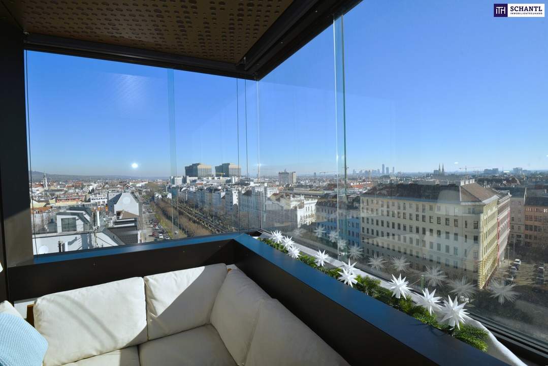 Sky High Living: 2-Zimmer Wohnung mit ganzjährig nutzbarer Loggia und atemberaubendem Wien-Panorama im 9. Stock! High-End Ausstattung!