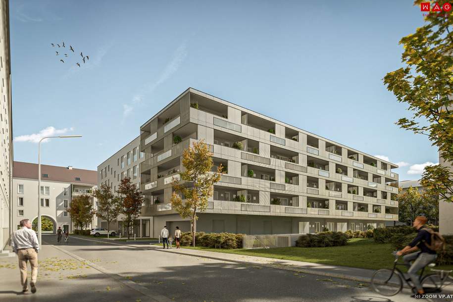 Neubau - Erstbezug, XL-Balkon (18 m²) mit Zugang vom Wohn- u. Schlafzimmer, hochwertige Ausstattung inkl. Deckentemperierung, Fußbodenheizung, Wohnung-miete, 805,37,€, 4020 Linz(Stadt)