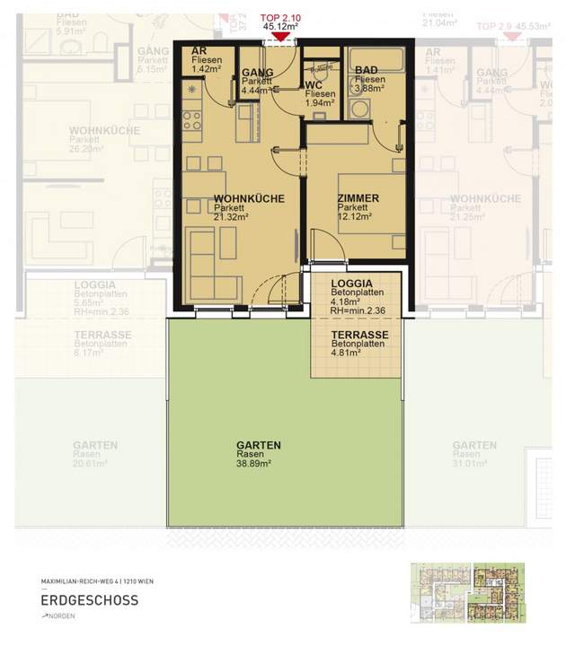 2-Zimmer-Wohnung mit hochwertiger Küche, 37m² Garten, Terrasse und Loggia Außenfläche und Kellerabteil / MAX4 T2-10