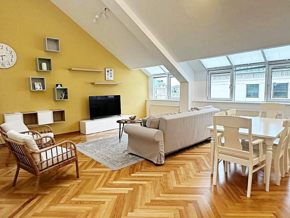 STAATSOPER-BLICK, klimatisiertes 110 m2 Dachgeschoss mit 20 m2 Terrasse, 3 Zimmer, Extraküche, 2 Bäder, Möblierung möglich