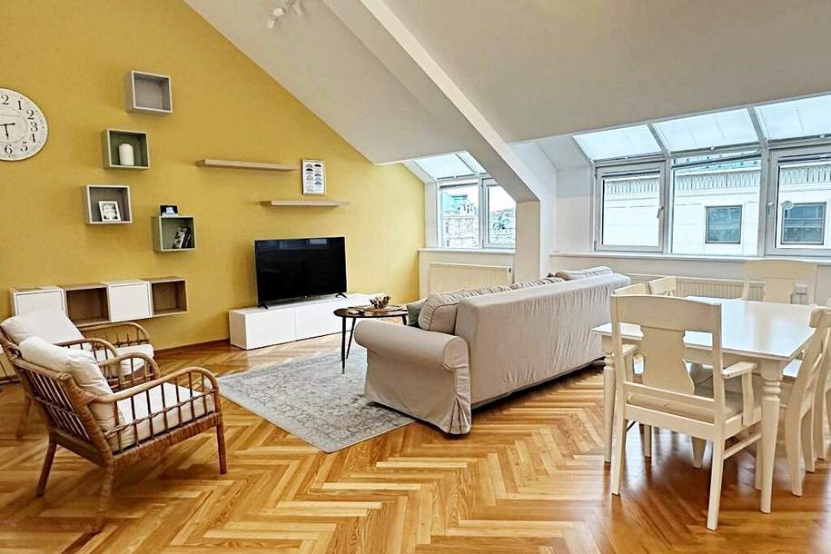 STAATSOPER-BLICK, klimatisiertes 110 m2 Dachgeschoss mit 20 m2 Terrasse, 3 Zimmer, Extraküche, 2 Bäder, Möblierung möglich, Wohnung-miete, 3.850,00,€, 1010 Wien 1., Innere Stadt