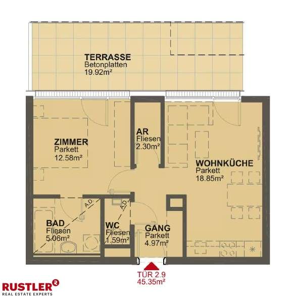 2 Zimmer Wohnung mit 19m² Terrasse mit Blick in den Innenhof