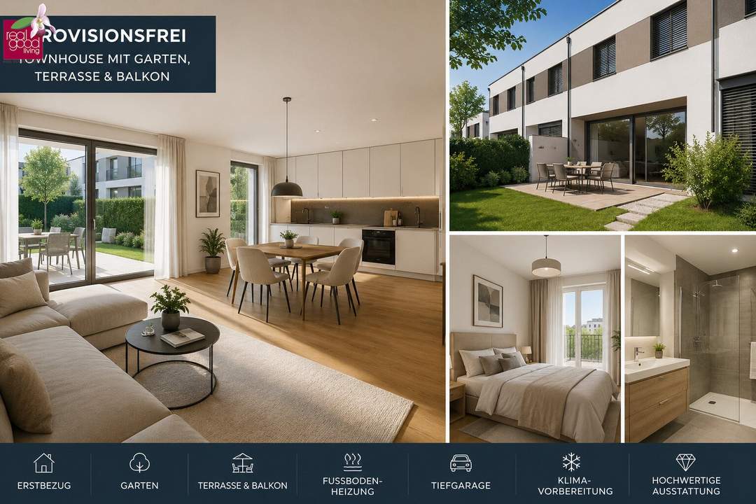 PROVISIONSFREIES TOWNHOUSE MIT EIGENGARTEN, TERRASSE &amp; BALKON – WOHNEN WIE IM EIGENEN HAUS ++ Grundbuchgebühren-Befreiung !!