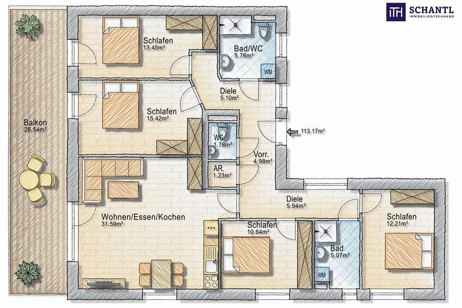 MEGA-Familienwohnung mit 4 Zimmern und zwei Bädern und Blick ins Grüne in einer ruhigen Sackstraße gelegen - 8041 Graz - PROVISIONSFREI!, Wohnung-kauf, 564.718,€, 8041 Graz(Stadt)