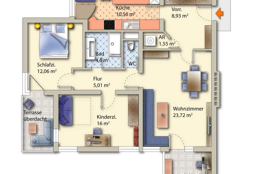 Top - 3 oder/auch 4 Zimmerwohnung mit neuwertigen Bad, Loggia und überglaster Terrasse, Wohnung-kauf, 225.000,€, 4470 Linz-Land