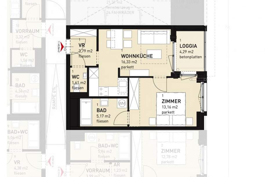 Neubauwohnung 2-Zimmer inkl Loggia, Küche und Kellerabteil /HS17 Top B-01, Wohnung-miete, 729,00,€, 1100 Wien 10., Favoriten