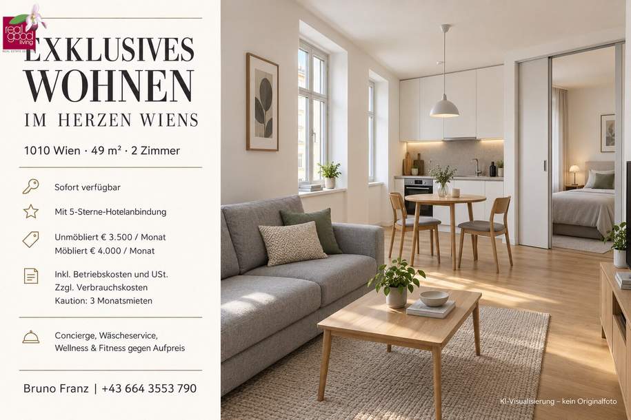 EXKLUSIVES WOHNEN IM HERZEN WIENS 49 m² , 2 ZIMMER , 5-STERNE-HOTELSERVICE, SOFORT VERFÜGBAR, Wohnung-miete, 3.500,00,€, 1010 Wien 1., Innere Stadt
