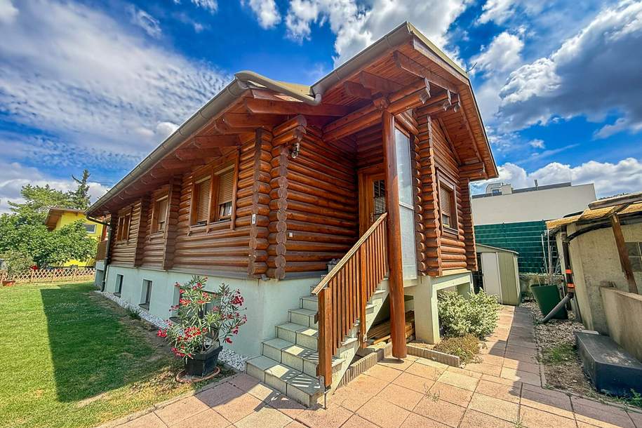 Chalet-Feeling mitten in Donaufeld - Naturstamm-Blockhaus mit Sauna, Kamin und Garten, Haus-kauf, 549.000,€, 1210 Wien 22., Donaustadt