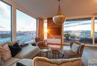PENTHOUSE ohne SCHRÄGEN mit Vollverglasung und Wellnessterrasse inkl. Sauna und Blick über Wien - außergewöhnliche RARITÄT mit 2x Tiefgaragenplätzen im Haus / Kaufpreis inkl. LUXUS-Möblierung