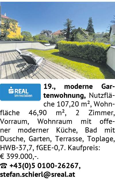 moderne Gartenwohnung, Nutzfläche 107,20 m², Wohnfläche 46,90 m², 2 Zimmer, Vorraum, Wohnr