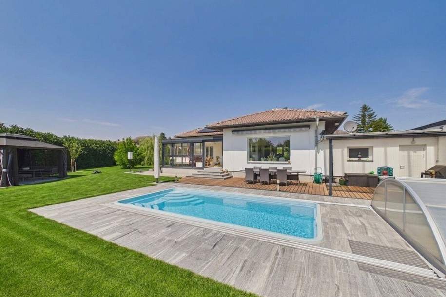 Moderner Bungalow mit Pool, Garage und Traumgarten – Wohnen auf einer Ebene, Haus-kauf, 450.000,€, 2292 Gänserndorf