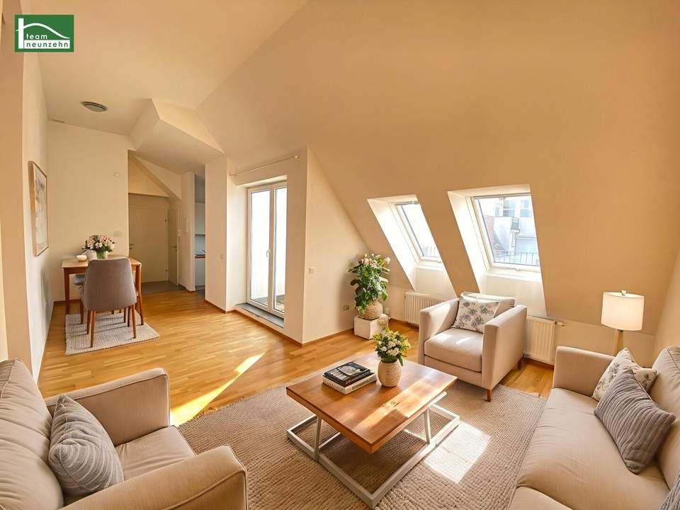 Moderne Dachgeschosswohnung mit großer Terrasse nahe Arthaberplatz in ruhiger Seitengasse! Hohe Decken und Traumbad mit Fenster! - JETZT ZUSCHLAGEN