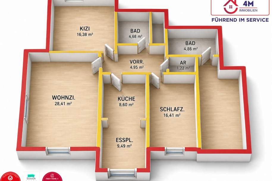 Viel Platz und hoher Wohnkomfort: 3-Zimmer-Wohnung mit zwei Bädern und Parkplatz, Wohnung-kauf, 270.000,€, 2486 Baden