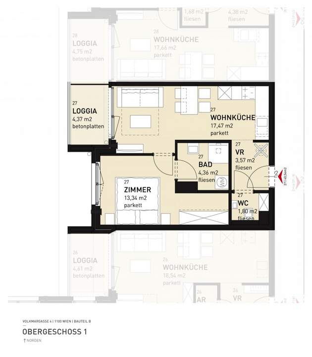 2-Zimmer-Neubauwohnung inkl Komplettküche, Loggia Außenfläche und Kellerabteil /HS17 Top B-27