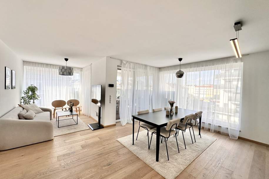 REDUZIERT! Top Lage! Neubau (2021) Dachgeschosswohnung mit Terrasse und Panoramafenster ++ Weitblick über Wien ++ Komplett Eingerichtet und Bezugsfertig ++ Dachgeschossneubau, Wohnung-kauf, 495.000,€, 1020 Wien 2., Leopoldstadt