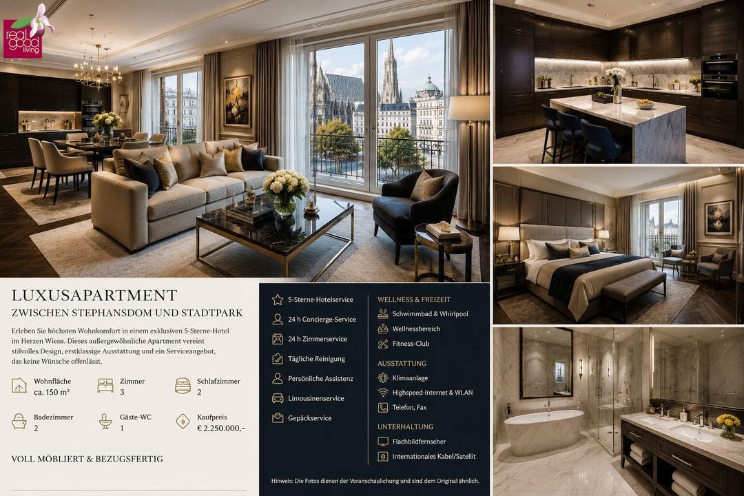 Luxus-Hotelresidenz in Wiens Bestlage ,150 m² , 5-Sterne-Service +Wellness und Conciergeservice, Voll möbliert