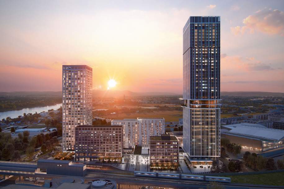 1,5 ZIMMER mit Balkon im 28. OG | ERSTBEZUG | VIENNA TWENTYTWO | ab April 26 | Pool, Fitness, Sauna, Wohnung-miete, 799,00,€, 1220 Wien 22., Donaustadt