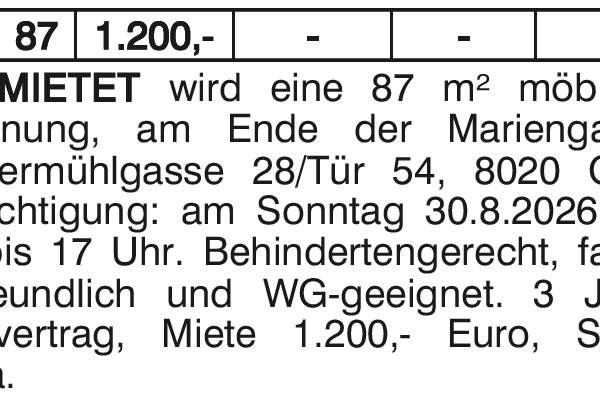 - 87 1.200,- - - -, Wohnung-miete, 1.200,00,€, 8020 Graz(Stadt)