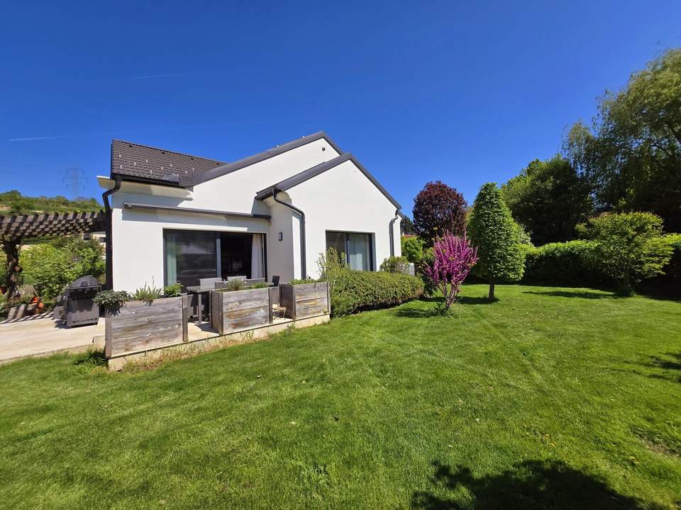 Moderner Bungalow mit vielen Extras -- Photovoltaikanlage, Carport, DAN-Küche, Heizkamin und großes Gartenparadies