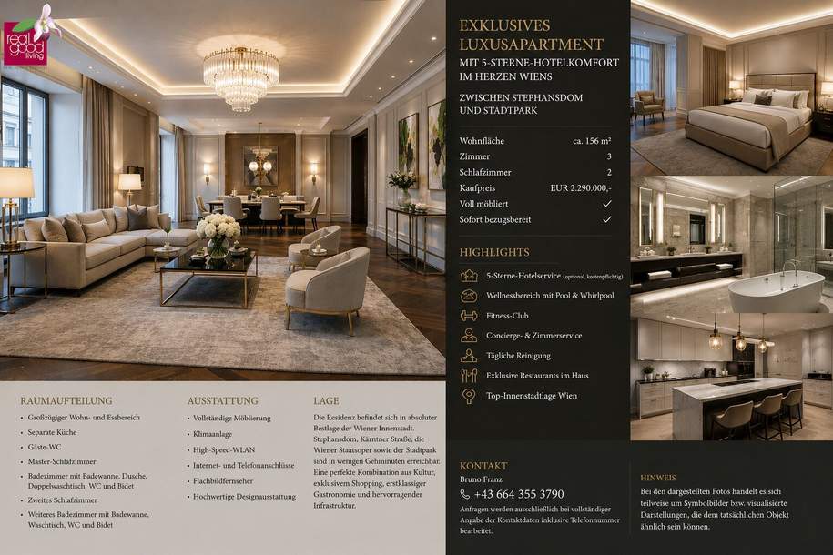 Exklusives Luxusapartment mit 5-Sterne-Hotelkomfort im Herzen Wiens ! ++ Wellness und Conciergeservice, Voll möbliert, Wohnung-kauf, 2.290.000,€, 1010 Wien 1., Innere Stadt