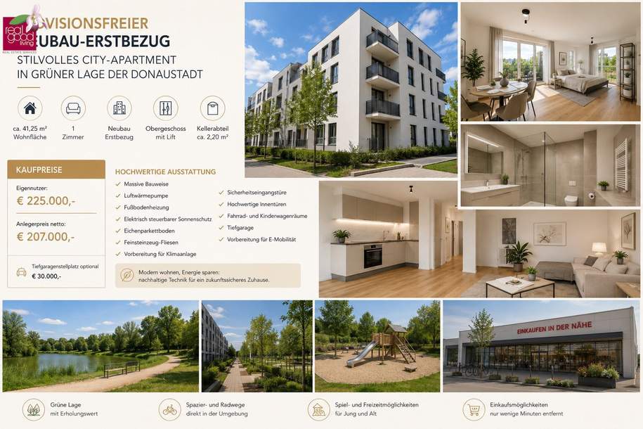 PROVISIONSFREIER NEUBAU-ERSTBEZUG | MODERNES CITY-APARTMENT IN GRÜNER LAGE DER DONAUSTADT, Wohnung-kauf, 225.000,€, 1220 Wien 22., Donaustadt