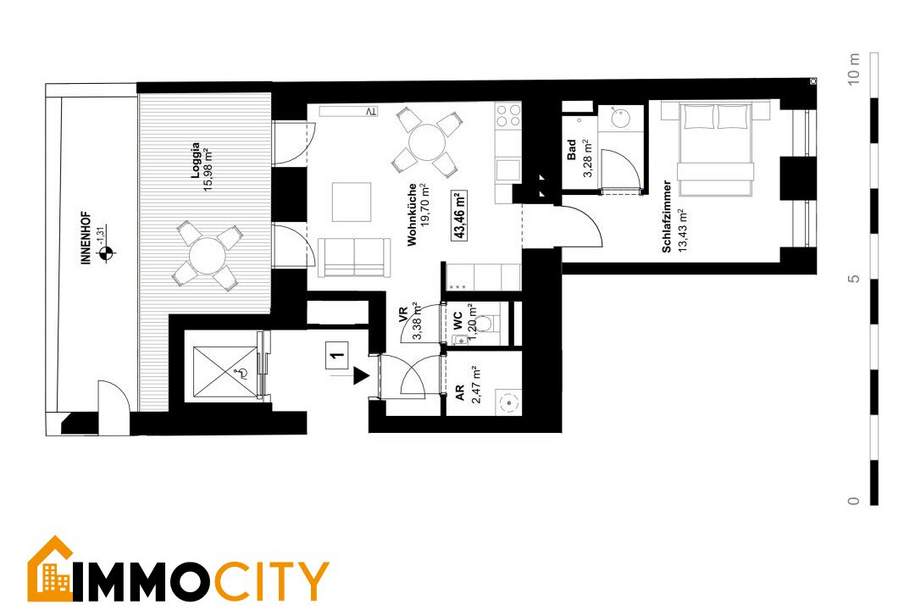 Attraktive 2-Zimmer-Wohnung mit großzügiger südseitiger Loggia und absoluter Privatsphäre,1030 Wien, Wohnung-kauf, 299.000,€, 1030 Wien 3., Landstraße