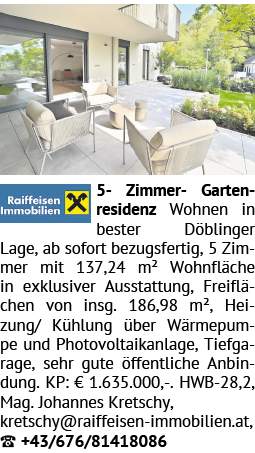 5-Zimmer-Gartenresidenz Wohnen in bester Döblinger Lage, ab sofort bezugsfertig, 5 Zimmer mit 137,24