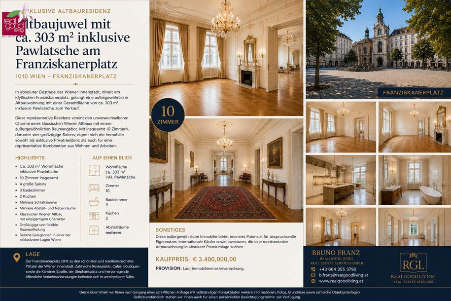 Exklusive Altbauresidenz mit ca. 303 m² am Franziskanerplatz – Wohnen in einer der schönsten Lagen Wiens, Wohnung-kauf, 3.400.000,€, 1010 Wien 1., Innere Stadt