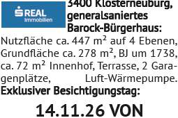 Generalsaniertes Barock-Bürgerhaus: Nutzfläche ca. 447 m² auf 4 Ebenen, Grundfläche ca. 278 m&s, Haus-miete, 4.015,87,€, 3400 Tulln