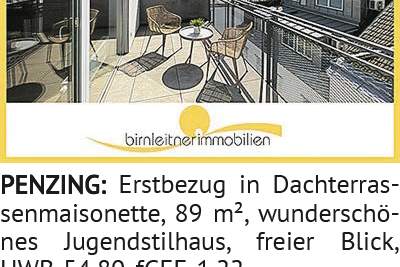Erstbezug in Dachterrassenmaisonette, 89 m², wunderschönes Jugendstilhaus, freier Blick, HWB-54, Wohnung-kauf, 1140 Wien 14., Penzing