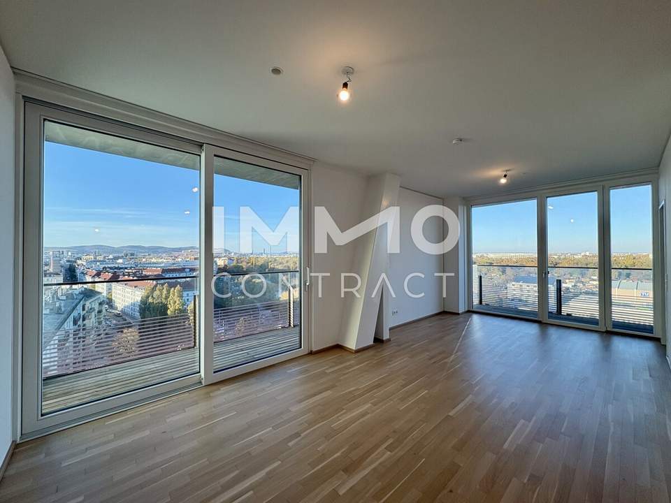 TOP-Ausblick: City mit Stephansdom, Donaukanal, Prater. Concierge, Party & BBQ Lounge, Pool usw.