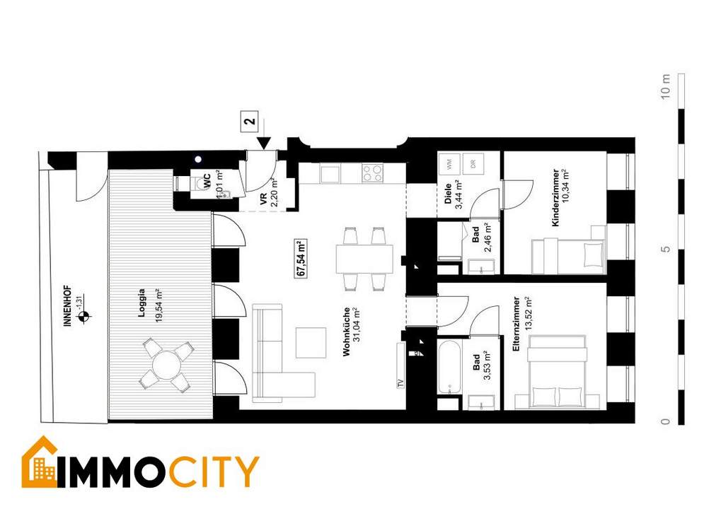 Großzügige 3-Zimmer-Wohnung mit zwei Bädern und ca. 20 m² südseitiger Loggia und viel Privatsphäre,1030 Wien