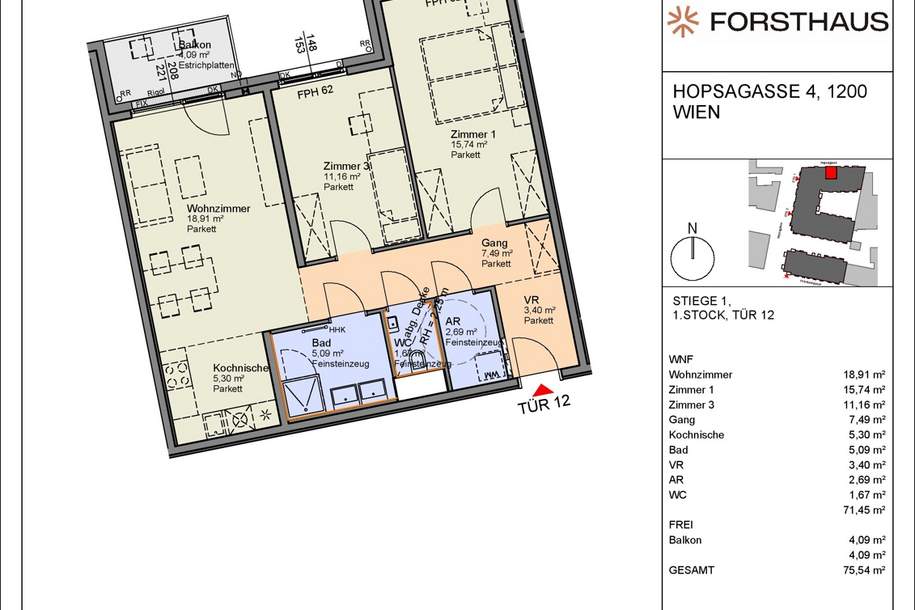 FORSTHAUS - Neubau Erstbezug - 3 Zimmer mit Freifläche Nähe Donaukanal (HO1.12), Wohnung-kauf, 397.000,€, 1200 Wien 20., Brigittenau