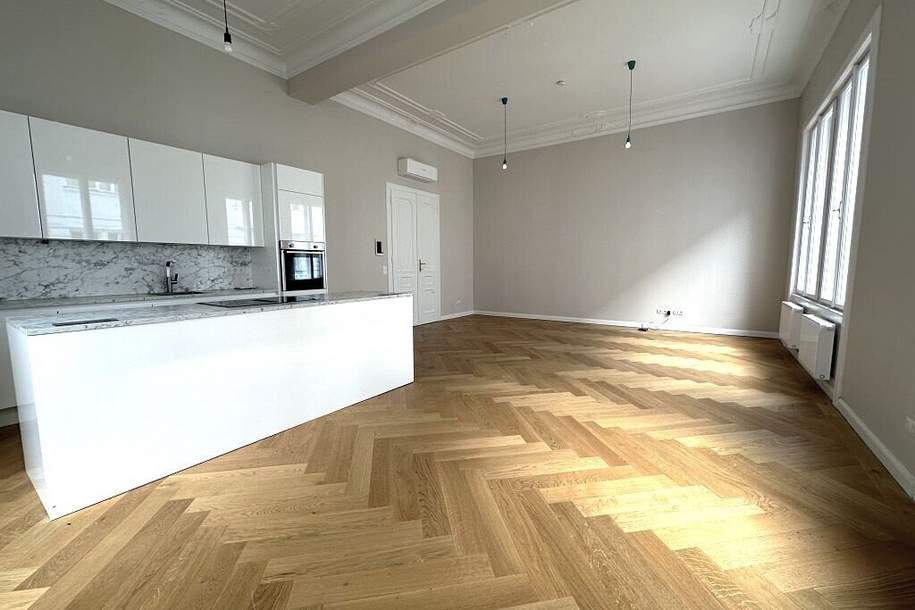 MÖLLWALDPLATZ, U1-NÄHE, 124 m2 ALTBAU, Wohnküche, 2 Zimmer, klimatisiert, 2 Bäder, Parketten, Loggia, 1. Liftstock, provisionsfrei, Wohnung-miete, 2.457,31,€, 1040 Wien 4., Wieden