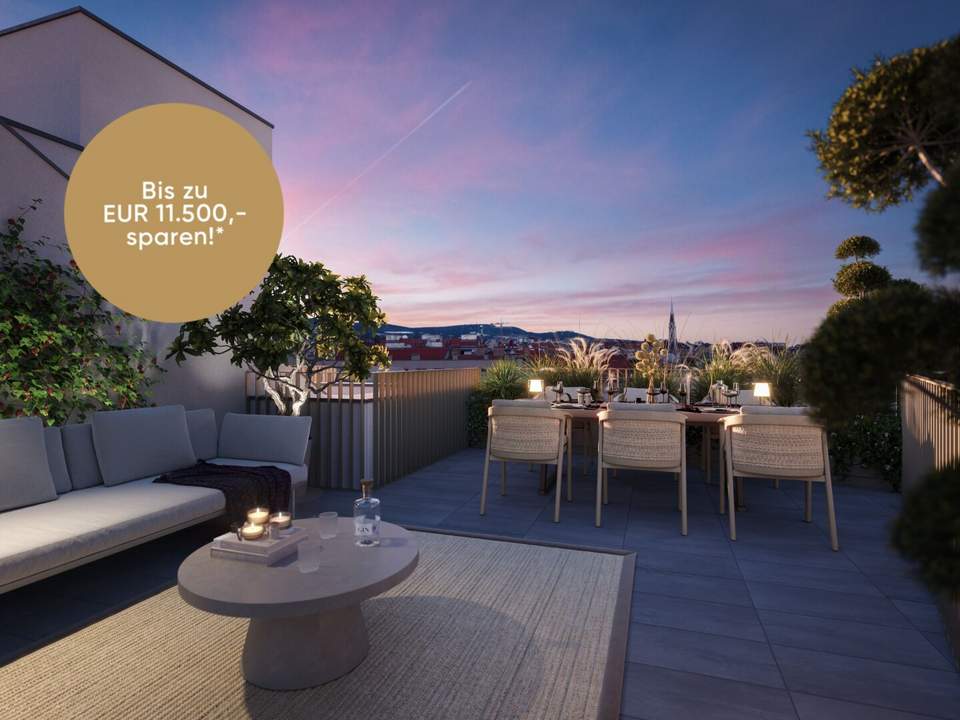 Nachhaltig &amp; hoch oben am Yppenplatz. – 3 m Raumhöhe XL Dachterrasse im Dachgeschoss