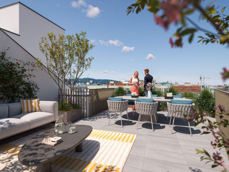 Nachhaltig &amp; hoch oben am Yppenplatz. – 3 m Raumhöhe XL Dachterrasse im Dachgeschoss