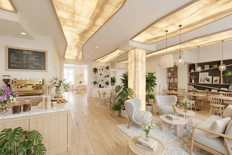 Coffee, Brunch & mehr: Vielfältig nutzbare Gastrofläche nebst Hauptplatz mit großem Lagerbereich | Sofort anmietbar, Gewerbeobjekt-miete, 1.665,83,€, 2700 Wiener Neustadt(Stadt)