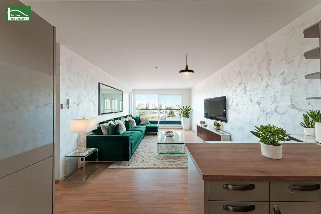 Wohnen mit Weitblick in Hofruhelage zwischen Alte Donau und DONAUZENTRUM - Klimatisierte und zentral begehbare Wohnung mit großer Terrasse und 2 Bädern! BAURECHTSGRUND!