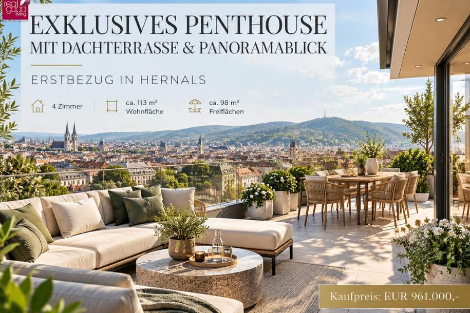 EXKLUSIVES PENTHOUSE MIT PRIVATER DACHTERRASSE &amp; PANORAMABLICK – 4 ZIMMER | ERSTBEZUG | KLIMAANLAGE | 1170 WIEN, Wohnung-kauf, 961.000,€, 1170 Wien 17., Hernals