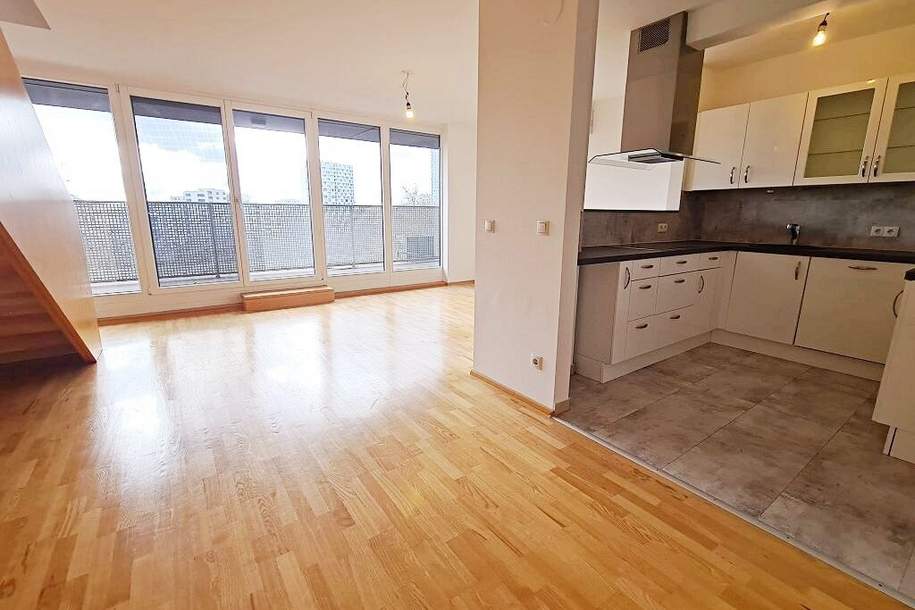 FERNBLICK, TERRASSENHIT, 102 m2 Dachgeschoß-Maisonette, 3 Zimmer, Komplettküche, Wannenbad, Parketten, Innstraße, Wohnung-miete, 1.898,49,€, 1200 Wien 20., Brigittenau