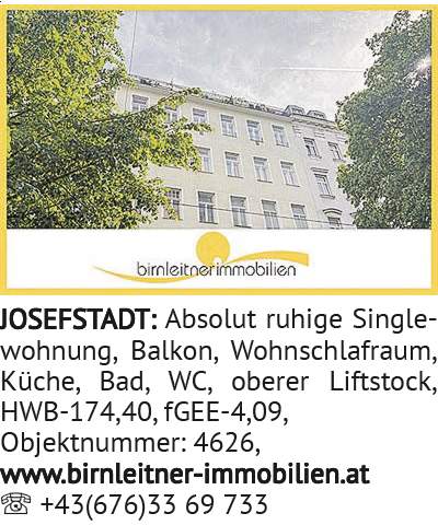 Absolut ruhige Singlewohnung, Balkon, Wohnschlafraum, Küche, Bad, WC, oberer Liftstock, HWB-174,40,
