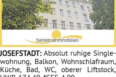 Absolut ruhige Singlewohnung, Balkon, Wohnschlafraum, Küche, Bad, WC, oberer Liftstock, HWB-174,40,, Wohnung-kauf, 1080 Wien 8., Josefstadt