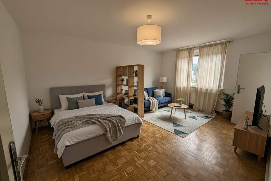 Singles aufgepasst! Sanierte, helle 1-Raum-Wohnung mit idealer Raumaufteilung in Steyr Münichholz: komfortabel, erschwinglich und mitten im Grünen! Praktischer Abstellraum, Aufzug und geräumiges Badezimmer inklusive! Jetzt mit KI-Visualisierung!, Wohnung-miete, 457,44,€, 4400 Steyr(Stadt)