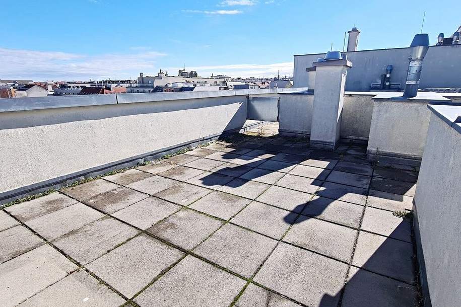 TERRASSENHIT, FERNBLICK, unbefristete 84 m2 Dachgeschoß mit 64 m2 Terrasse, Wohnküche, 2 Zimmer, Wannenbad, Parketten, Holbeingasse, Wohnung-miete, 1.608,92,€, 1100 Wien 10., Favoriten